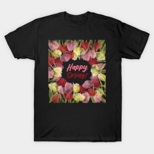 Happy Spring | Pink Red Yellow | Black T-Shirt